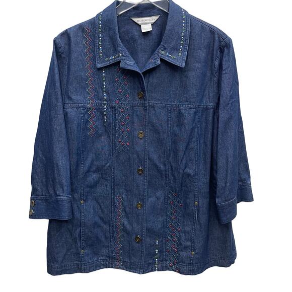 Allison Daley Denim 3/4 Sleeve Button-Front Shirt With Embroidered Detail SZ 16 - Picture 1 of 10